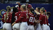 Alabama Softball Player Audrey Vandagriff (12) and The University of Alabama softball team celebrate VandagriffÕs homerun against South Carolina during the SEC Championship at Jack Turner Softball Stadium in Athens, GA on Wednesday, May 7, 2025.