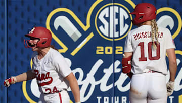 Alabama Softball Player Marlie Giles (34) celebrating against Auburn in the SEC Tournment at Jack Turner Softball Stadium in Athens, GA on Tuesday, May 6, 2025.