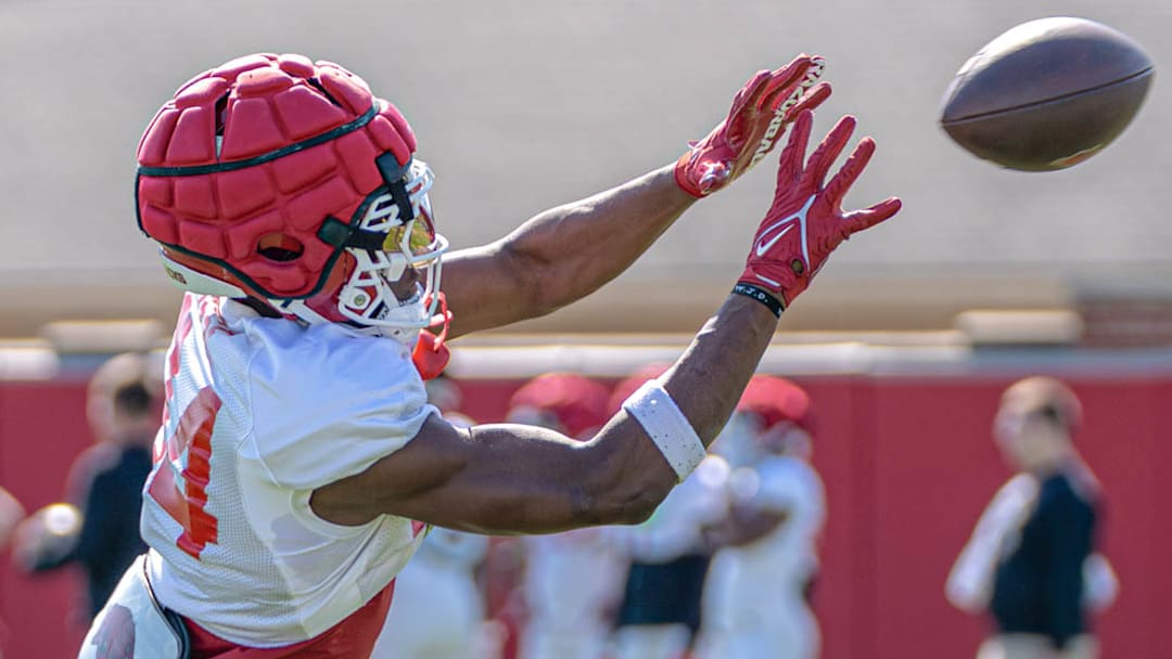 Arkansas Razorbacks wide receiver Ismael Cisse makes a catch in spring practice drills on the outdoor fields in Fayetteville, Ark. Arkansas Razorbacks wide receiver Ismael Cisse makes a catch in spring practice drills on the outdoor fields in Fayetteville, Ark.