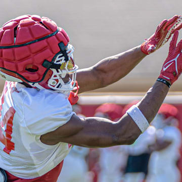 Arkansas Razorbacks wide receiver Ismael Cisse makes a catch in spring practice drills on the outdoor fields in Fayetteville, Ark.