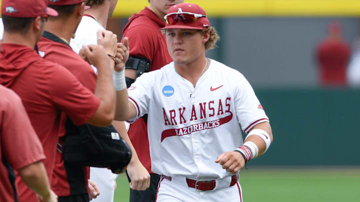 Arkansas Razorbacks second baseman Cam Kozel during pregame player introductions before the game with the Tennessee Volunteers in the NCAA Super Regional at Baum-Walker Stadium in Fayetteville, Ark. Arkansas Razorbacks second baseman Cam Kozel during pregame player introductions before the game with the Tennessee Volunteers in the NCAA Super Regional at Baum-Walker Stadium in Fayetteville, Ark.