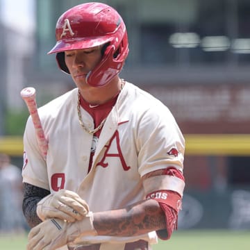 Arkansas Razorbacks shortstop Wehiwa Aloy at the plate against the Texas Longhorns at Baum-Walker Stadium in Fayetteville, Ark.