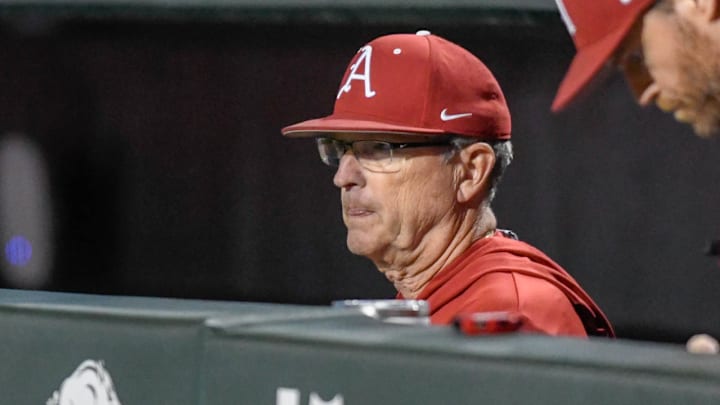 Arkansas Razorbacks coach Dave Van Horn in the dugout during a game with the Texas Longhorns at Baum-Walker Stadium in Fayetteville, Ark.