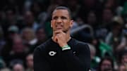 Boston Celtics head coach Joe Mazzulla watches from the sideline.