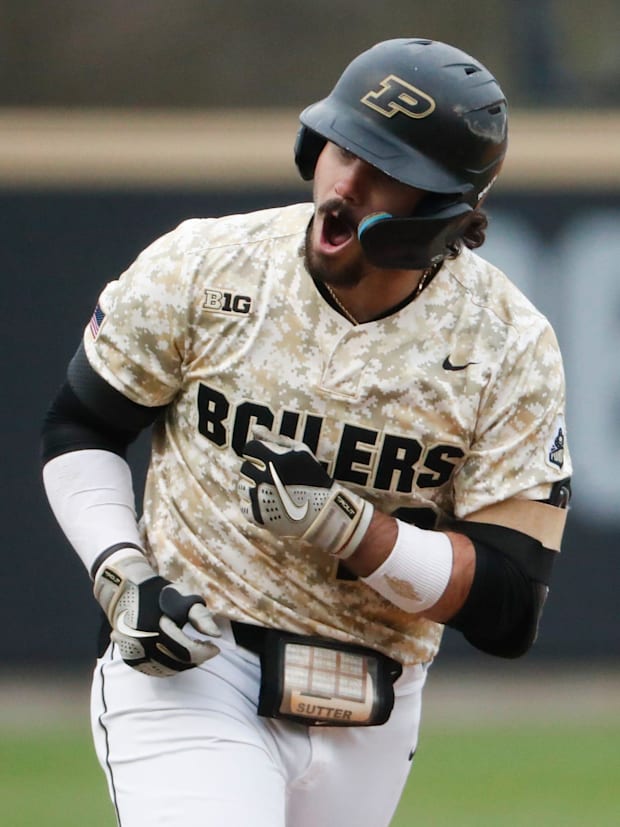 Purdue Boilermakers infielder Logan Sutter (10) rounds the bases after hitting a homer Tuesday, April 1, 2025