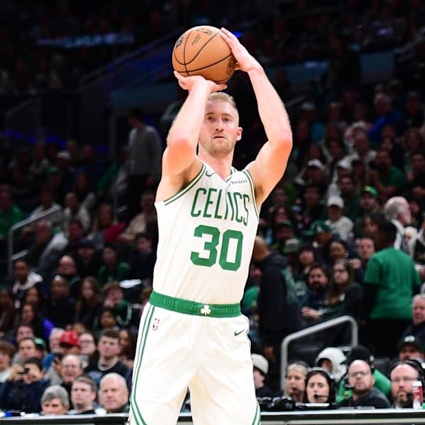 Boston Celtics forward Sam Hauser (30) shoots the ball during the first half against the Toronto Raptors at TD Garden.