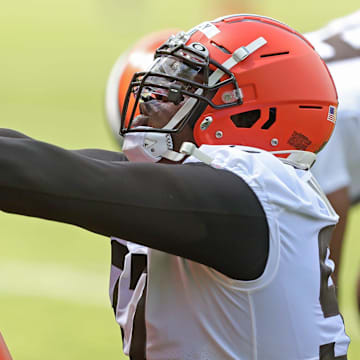 Cleveland Browns defensive tackle Perrion Winfrey participates in drills during the NFL football team's rookie minicamp in Berea