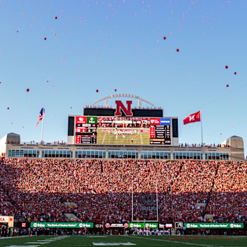 Red balloons fly after the Huskers' first scoring drive of the game for the first time since 2022. 