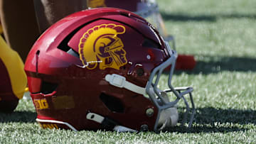Sep 21, 2024; Ann Arbor, Michigan, USA;  USC Trojans helmet on the sideline during the game against the Michigan Wolverines at Michigan Stadium.