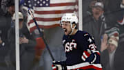 United States forward Auston Matthews celebrates a goal against Canada during the 4 Nations Face-Off 