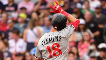 May 3, 2025; Boston, Massachusetts, USA; Minnesota Twins second baseman Kody Clemens (18) reacts at home plate after hitting a two run home run during the sixth inning against the Boston Red Sox at Fenway Park. Mandatory Credit: Bob DeChiara-Imagn Images