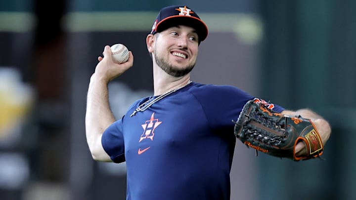 Aug 16, 2024; Houston, Texas, USA; Houston Astros right fielder Kyle Tucker (30) works out prior to the game against the Chicago White Sox at Minute Maid Park Aug 16, 2024; Houston, Texas, USA; Houston Astros right fielder Kyle Tucker (30) works out prior to the game against the Chicago White Sox at Minute Maid Park