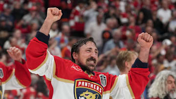 Jun 17, 2025; Sunrise, Florida, USA; Florida Panthers center Brad Marchand (63) celebrates with his teammates after winning game six of the 2025 Stanley Cup Final against the Edmonton Oilers at Amerant Bank Arena. 
