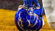 Nov 23, 2024; Laramie, Wyoming, USA; A general view of the Boise State Broncos helmet before game against the Wyoming Cowboys at Jonah Field at War Memorial Stadium. Mandatory Credit: Troy Babbitt-Imagn Images

