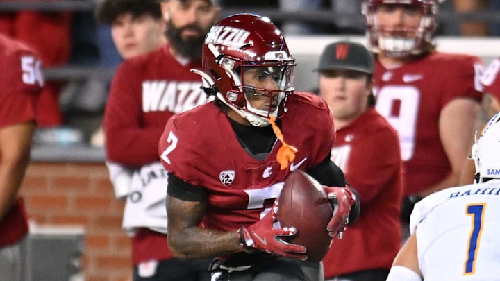 Sep 20, 2024; Pullman, Washington, USA; Washington State Cougars wide receiver Kyle Williams (2) makes a catch against San Jose State Spartans safety Robert Rahimi (1) in the second half at Gesa Field at Martin Stadium. Mandatory Credit: James Snook-Imagn Images Sep 20, 2024; Pullman, Washington, USA; Washington State Cougars wide receiver Kyle Williams (2) makes a catch against San Jose State Spartans safety Robert Rahimi (1) in the second half at Gesa Field at Martin Stadium. Mandatory Credit: James Snook-Imagn Images