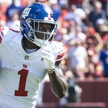Sep 15, 2024; Landover, Maryland, USA; New York Giants wide receiver Malik Nabers (1) runs down field during the first half at Commanders Field. Mandatory Credit: Luke Johnson-Imagn Images

