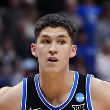 Mar 22, 2025; Denver, CO, USA; Brigham Young Cougars guard Egor Demin (3) reacts against the Wisconsin Badgers during the second half in the second round of the NCAA Tournament  at Ball Arena. Mandatory Credit: Ron Chenoy-Imagn Images