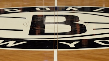 Dec 3, 2013; Brooklyn, NY, USA; A view of the Brooklyn Nets logo at center court before the game against the Denver Nuggets at Barclays Center. Mandatory Credit: Joe Camporeale-Imagn Images