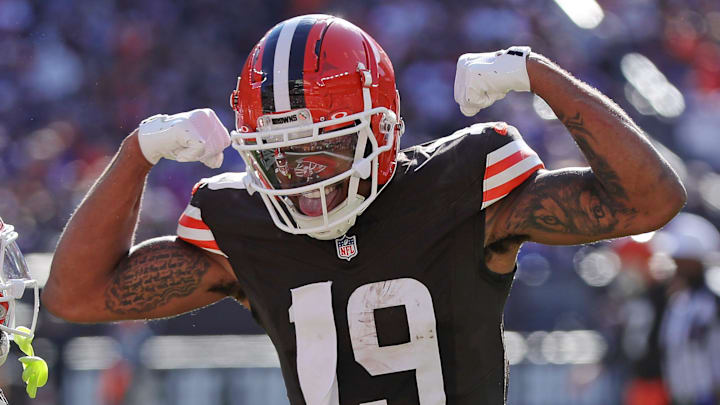 Cleveland Browns wide receiver Cedric Tillman (19) celebrates his touchdown with wide receiver Elijah Moore (8) during the second half of an NFL football game at Huntington Bank Field, Sunday, Oct. 27, 2024, in Cleveland, Ohio. Cleveland Browns wide receiver Cedric Tillman (19) celebrates his touchdown with wide receiver Elijah Moore (8) during the second half of an NFL football game at Huntington Bank Field, Sunday, Oct. 27, 2024, in Cleveland, Ohio.