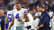 A visibly annoyed Dak Prescott and a mopey Matt Eberflus in 2017. 