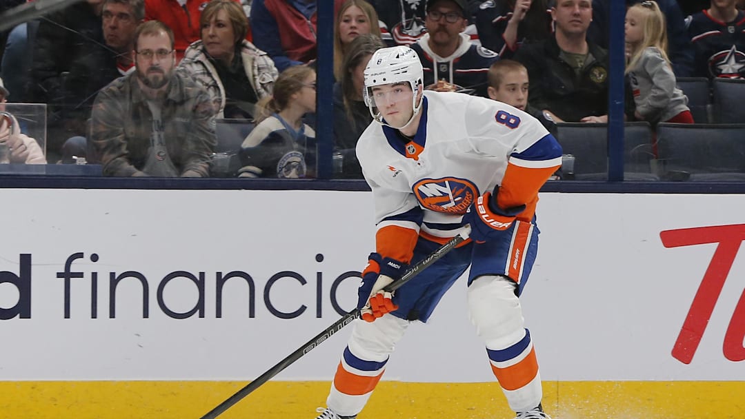 Noah Dobson looks to shoot against the Blue Jackets.