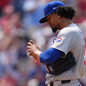 Jun 11, 2025; Philadelphia, Pennsylvania, USA; Chicago Cubs relief pitcher Genesis Cabrera (92) reacts after allowing a home run against Philadelphia Phillies infielder Alec Bohm (28) in the seventh inning at Citizens Bank Park