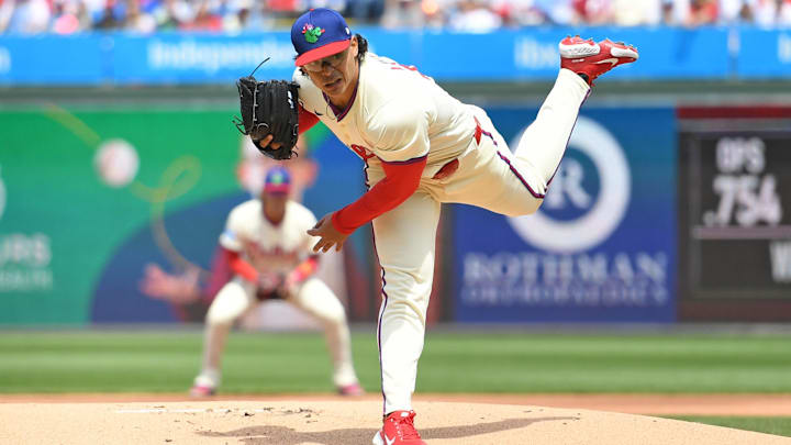 Apr 20, 2025; Philadelphia, Pennsylvania, USA; Philadelphia Phillies pitcher Jesús Luzardo (44) throws a pitch during the first inning against the Miami Marlins at Citizens Bank Park. Apr 20, 2025; Philadelphia, Pennsylvania, USA; Philadelphia Phillies pitcher Jesús Luzardo (44) throws a pitch during the first inning against the Miami Marlins at Citizens Bank Park.
