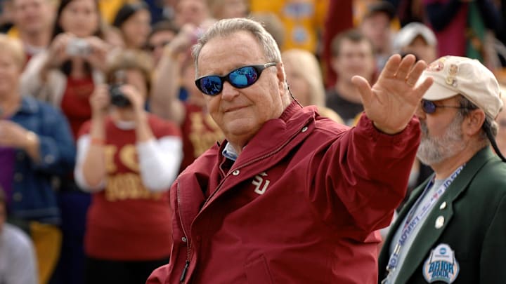 BOB SELF/The Times-Union-12/31/09--Florida State head football coach Bobby Bowden waves to fans along the parade route Thursday afternoon. Thursday afternoon the city of Jacksonville hosted the Winn-Dixie Hometown Gator Bowl Parade with Florida State head football coach Bobby Bowden serving as the Grand Marshal. The parade route was filled with Florida State University and West Virginia fans here for Friday's bowl match up. (The Florida Times-Union, Bob Self) BOB SELF/The Times-Union-12/31/09--Florida State head football coach Bobby Bowden waves to fans along the parade route Thursday afternoon. Thursday afternoon the city of Jacksonville hosted the Winn-Dixie Hometown Gator Bowl Parade with Florida State head football coach Bobby Bowden serving as the Grand Marshal. The parade route was filled with Florida State University and West Virginia fans here for Friday's bowl match up. (The Florida Times-Union, Bob Self)
