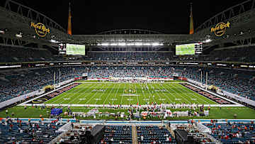 Jan. 11, 2021; Miami Gardens, Florida, USA; Ohio State Buckeyes offensive is on the field during the first quarter of the College Football Playoff National Championship between the Alabama Crimson Tide and the Ohio State Buckeyes at Hard Rock Stadium in Miami Gardens, Fla. on January 11, 2021.