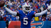 Buffalo Bills defensive back Kaiir Elam celebrates his fumble recovery against the Miami Dolphins. 