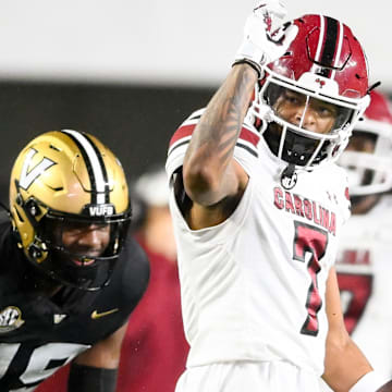 Nov 9, 2024; Nashville, Tennessee, USA;  South Carolina Gamecocks wide receiver Gage Larvadain (7) points for the first down against the Vanderbilt Commodores during the second half at FirstBank Stadium. Mandatory Credit: Steve Roberts-Imagn Images