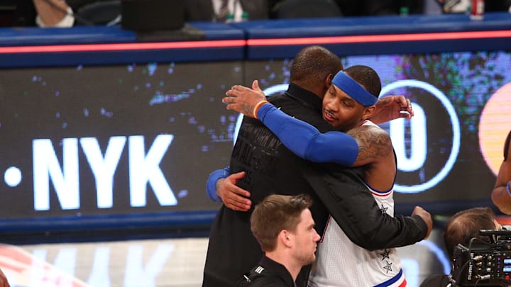 February 15, 2015; New York, NY, USA; Eastern Conference forward Carmelo Anthony of the New York Knicks (7) with Kevin Durant after the 2015 NBA All-Star Game at Madison Square Garden. Mandatory Credit: Brad Penner-Imagn Images February 15, 2015; New York, NY, USA; Eastern Conference forward Carmelo Anthony of the New York Knicks (7) with Kevin Durant after the 2015 NBA All-Star Game at Madison Square Garden. Mandatory Credit: Brad Penner-Imagn Images
