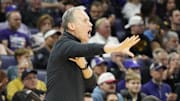 Feb 28, 2025; Evanston, Illinois, USA; Northwestern Wildcats head coach Chris Collins gestures to his team against the Iowa Hawkeyes during the first half at Welsh-Ryan Arena. Mandatory Credit: David Banks-Imagn Images