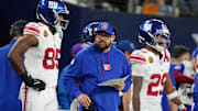 Nov 28, 2024; Arlington, Texas, USA;  New York Giants head coach Brian Daboll reacts against the Dallas Cowboys during the second half at AT&T Stadium.  