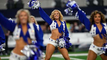 Nov 28, 2024; Arlington, Texas, USA; Dallas Cowboys cheerleaders perform during the first half against the New York Giants at AT&T Stadium. Mandatory Credit: Chris Jones-Imagn Images