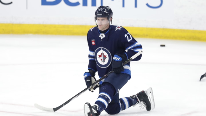 Apr 4, 2024; Winnipeg, Manitoba, CAN; Winnipeg Jets left wing Nikolaj Ehlers (27) warms up before game against the Calgary Flames at Canada Life Centre. Mandatory Credit: James Carey Lauder-USA TODAY Sports
