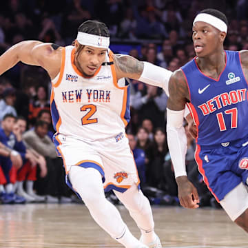Detroit Pistons guard Dennis Schroder drives past New York Knicks guard Miles McBride. Mandatory Credit: Wendell Cruz-Imagn Images