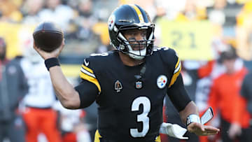 Dec 8, 2024; Pittsburgh, Pennsylvania, USA;  Pittsburgh Steelers quarterback Russell Wilson (3) passes the ball against the Cleveland Browns during the third quarter at Acrisure Stadium. Mandatory Credit: Charles LeClaire-Imagn Images