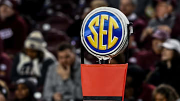 Nov 11, 2023; College Station, Texas, USA; A detailed view of the SEC logo on a chain marker during the game between the Texas A&M Aggies and the Mississippi State Bulldogs at Kyle Field. Mandatory Credit: Maria Lysaker-Imagn Images