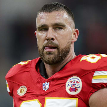Nov 5, 2023; Frankfurt, Germany, ;  Kansas City Chiefs tight end Travis Kelce (87) warms up before an NFL International Series game against the Miami Dolphins at Deutsche Bank Park. Mandatory Credit: Nathan Ray Seebeck-Imagn Images