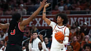 Texas Longhorns forward Devon Pryor (22) directs his teammates during the game against Georgia at the Moody Center on Saturday, March 1, 2025.