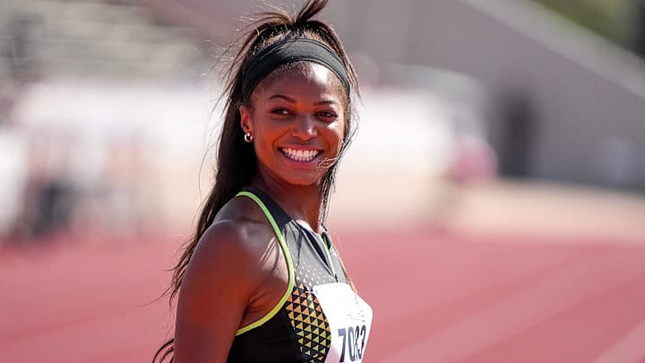 Team USA Red athlete Gabby Thomas (7083) walks the track ahead of the 1600 meter relay invitational at the Clyde Littlefield Texas Relays at Mike A. Myers Stadium on Saturday, March 29, 2025. Team USA Red athlete Gabby Thomas (7083) walks the track ahead of the 1600 meter relay invitational at the Clyde Littlefield Texas Relays at Mike A. Myers Stadium on Saturday, March 29, 2025.