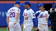 Apr 4, 2025; New York City, New York, USA; New York Mets right fielder Juan Soto (22) celebrates with first baseman Pete Alonso (20) and shortstop Francisco Lindor (12) after defeating the Toronto Blue Jays at Citi Field. Mandatory Credit: Brad Penner-Imagn Images
