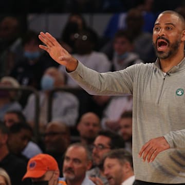 Oct 20, 2021; New York, New York, USA; Boston Celtics head coach Ime Udoka coaches against the New York Knicks during the first quarter at Madison Square Garden. Mandatory Credit: Brad Penner-Imagn Images