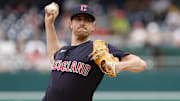 Apr 16, 2023; Washington, District of Columbia, USA; Cleveland Guardians starting pitcher Shane Bieber (57) pitches against the Washington Nationals during the first inning at Nationals Park. Mandatory Credit: Geoff Burke-Imagn Images