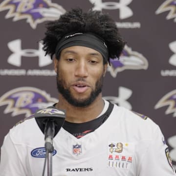 Baltimore Ravens cornerback Marlon Humphrey speaks to media on June 18, 2025.