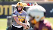 Arizona State quarterback Sam Leavitt (10) during spring football practice at Kajikawa practice fields in Tempe on Tuesday, March 25, 2025.