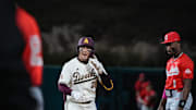 Josiah Cromwick (21) of the Arizona State Sun Devils celebrates as he reaches second base during ASU’s home opener against Ohio State on Feb. 14, 2025, in Phoenix, Ariz.