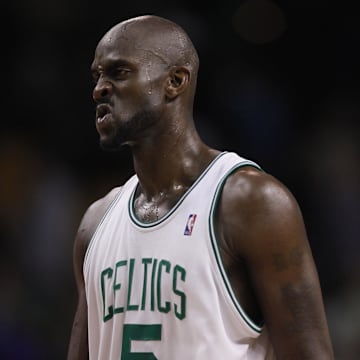 Mar 31, 2010; Boston, MA, USA; Boston Celtics forward Kevin Garnett (5) reacts after being defeated by the Oklahoma City Thunder at the TD Banknorth Garden. Oklahoma City defeated Boston 104-109. Mandatory Credit: David Butler II-Imagn Images