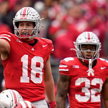 Ohio State Buckeyes quarterback Will Howard (18) motions at the line of scrimmage during the NCAA football game against the Indiana Hoosiers at Ohio Stadium in Columbus on Monday, Nov. 25, 2024. Ohio State won 38-15.